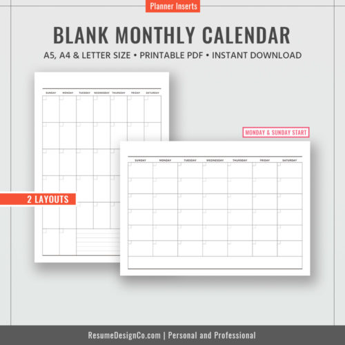 Blank Monthly Calendar, Monthly Planner, A4, A5, Letter Size, Filofax ...